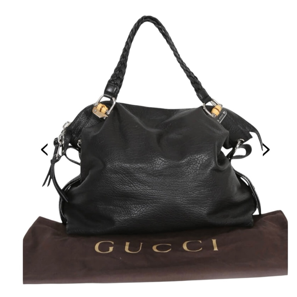 Gucci Black Calfskin Textured Leather Bamboo Bar Large Shoulder Bag